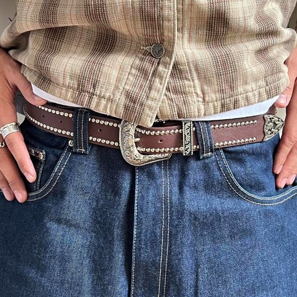 vintage brown studded american western cowboy boho belt - Picture 6 of 8